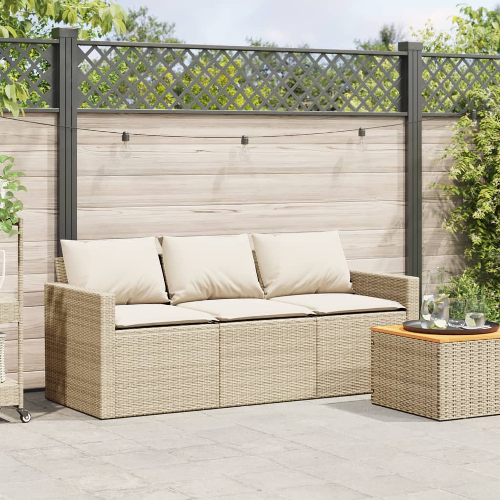 Gartensofa mit Kissen 3-Sitzer Beige Poly Rattan