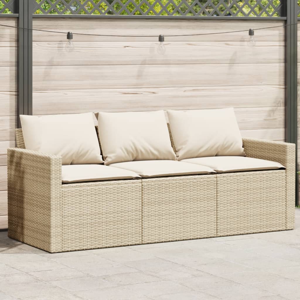 Gartensofa mit Kissen 3-Sitzer Beige Poly Rattan