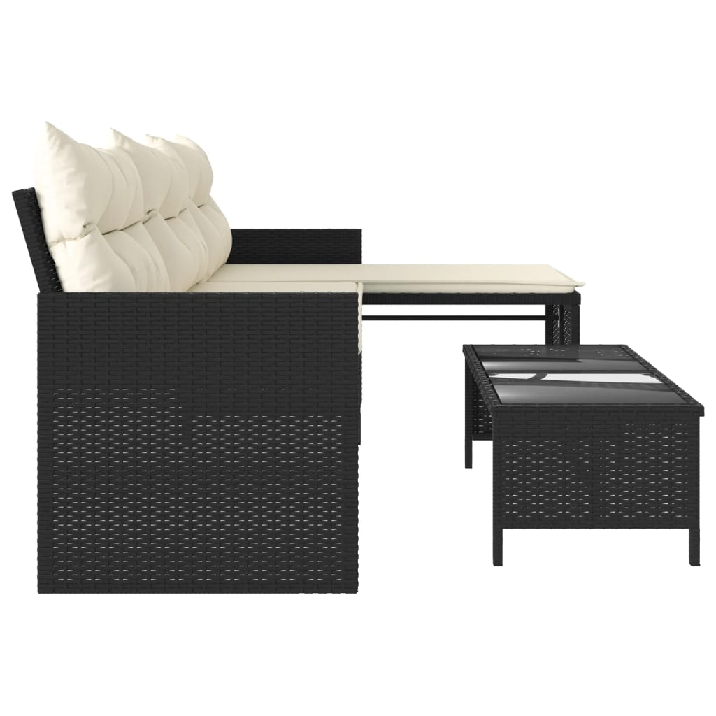 Gartensofa in L-Form mit Tisch und Kissen Schwarz Poly Rattan