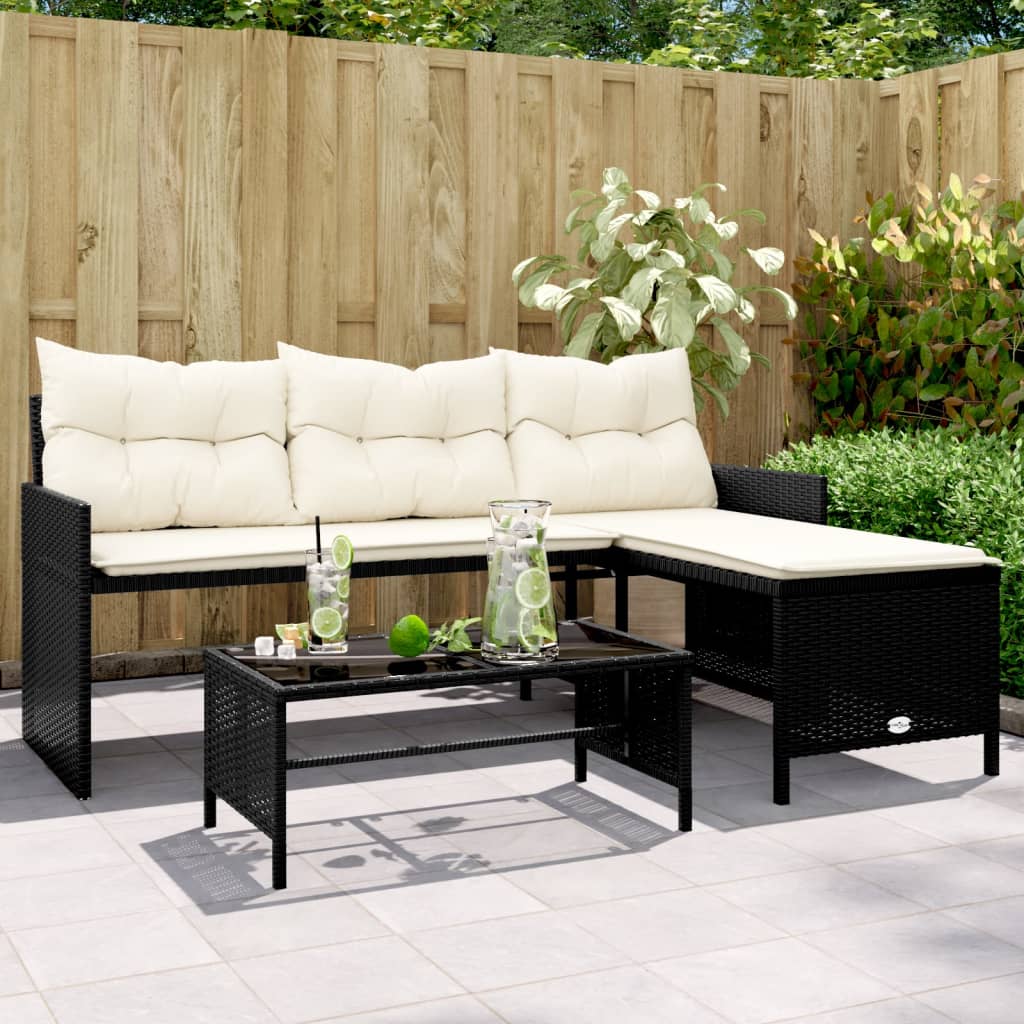 Gartensofa in L-Form mit Tisch und Kissen Schwarz Poly Rattan