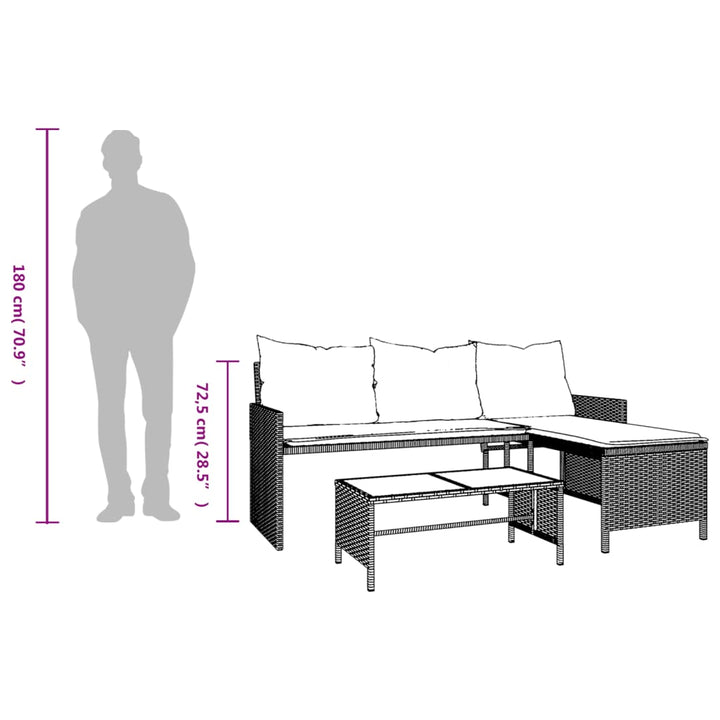 Sofá de jardín en forma de L con mesa y cojines de polirratán negro