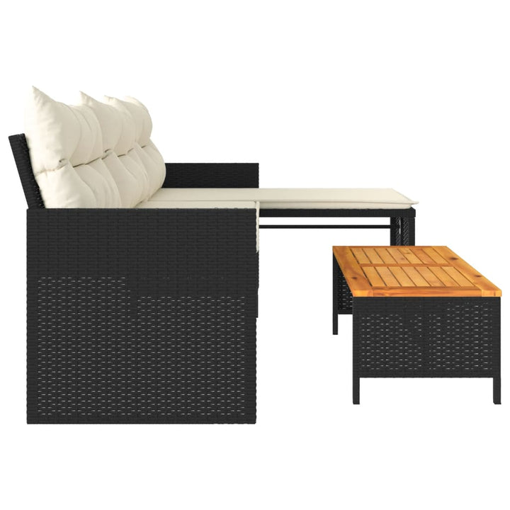 Gartensofa in L-Form mit Tisch und Kissen Schwarz Poly Rattan