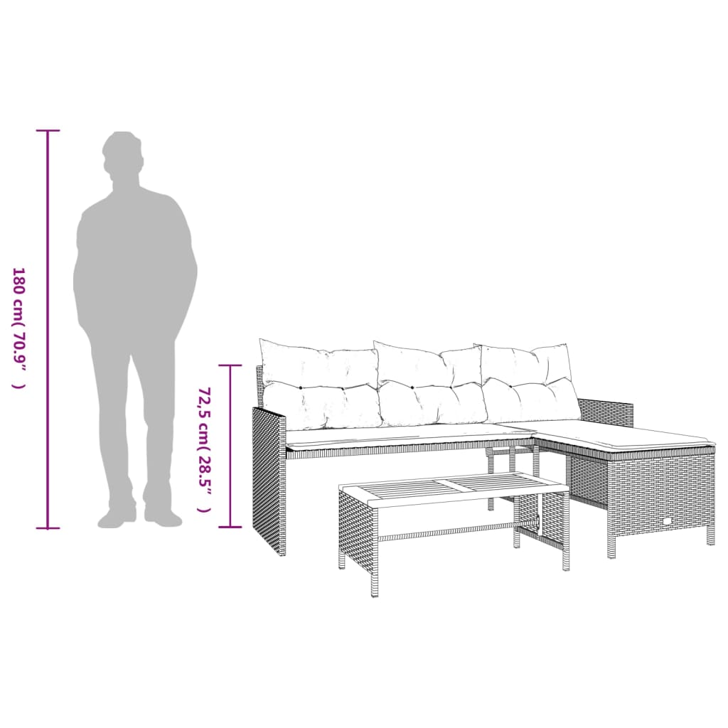 Gartensofa in L-Form mit Tisch und Kissen Grau Poly Rattan