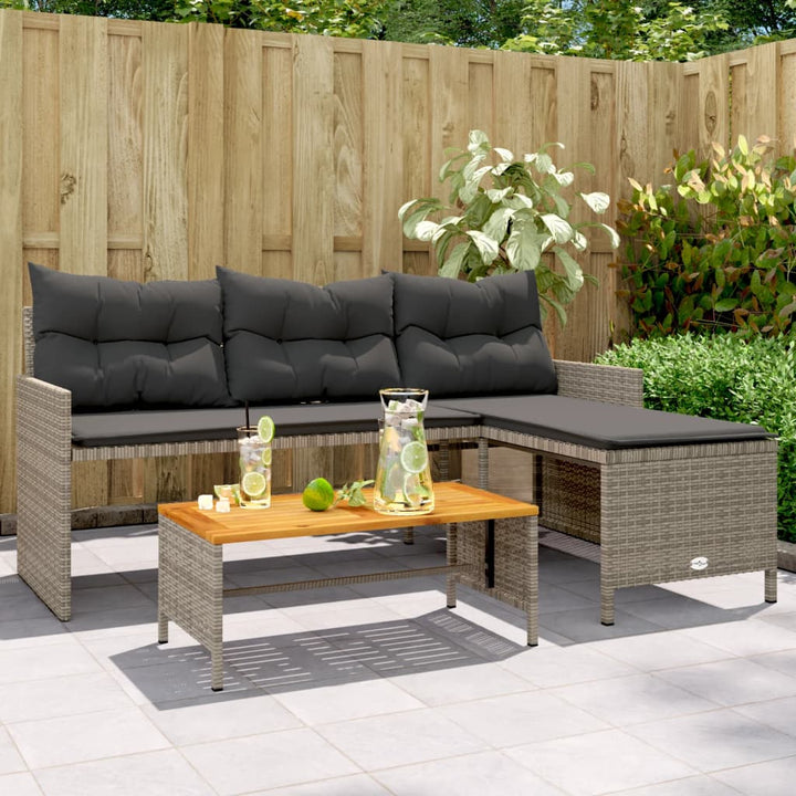 Gartensofa in L-Form mit Tisch und Kissen Grau Poly Rattan