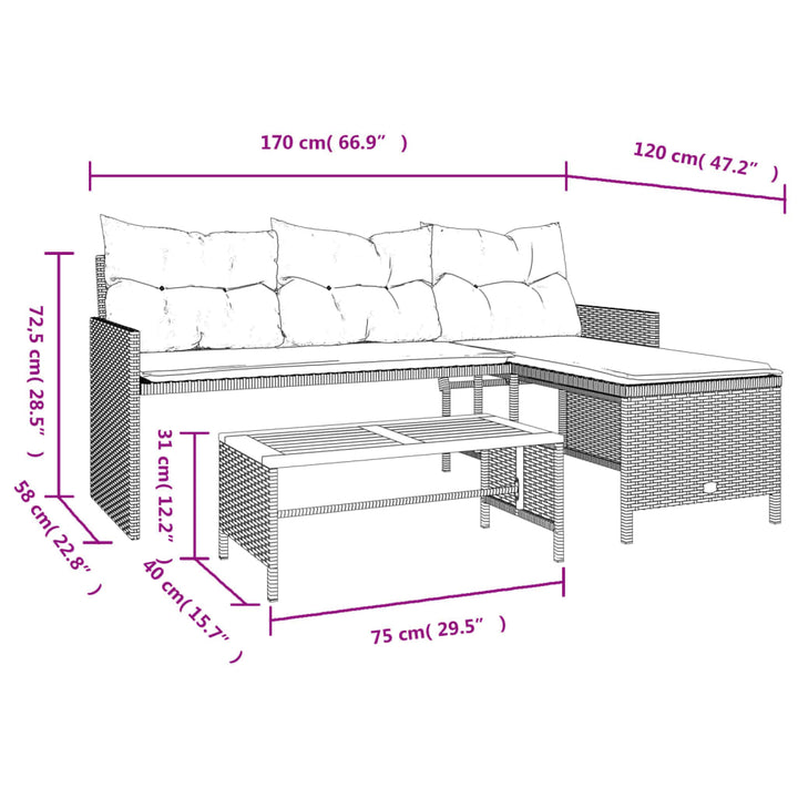 Gartensofa in L-Form mit Tisch und Kissen Beige Poly Rattan