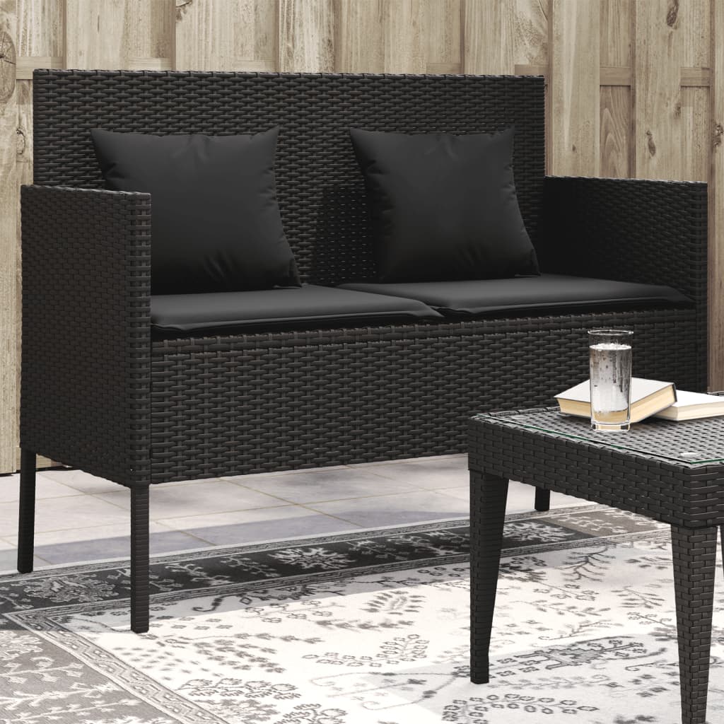 Gartenbank mit Kissen Schwarz Poly Rattan