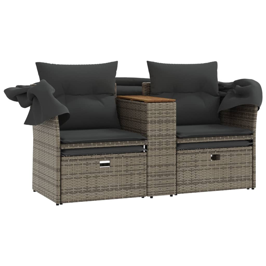 Gartensofa 2-Sitzer mit Dach und Hockern Grau Poly Rattan