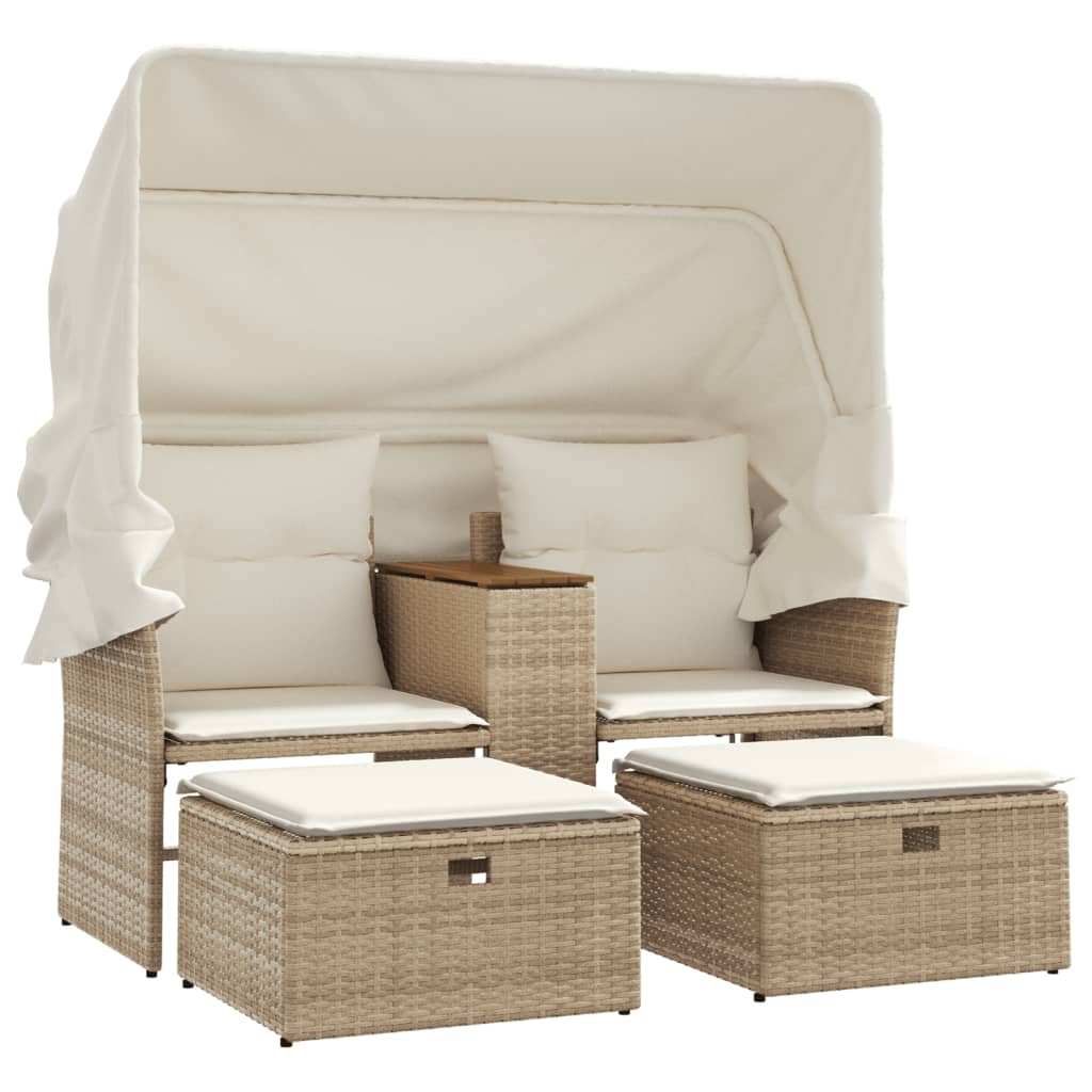 Gartensofa 2-Sitzer mit Dach und Hockern Beige Poly Rattan