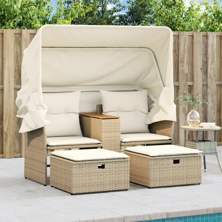 Gartensofa 2-Sitzer mit Dach und Hockern Beige Poly Rattan