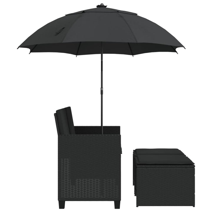 Gartensofa 2-Sitzer Sonnenschirm und Hocker Schwarz Poly-Rattan