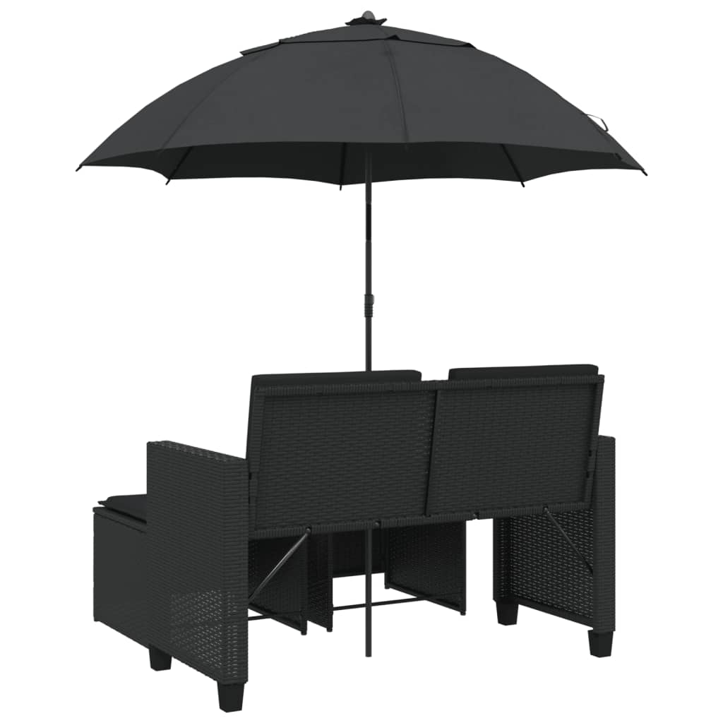 Gartensofa 2-Sitzer Sonnenschirm und Hocker Schwarz Poly-Rattan