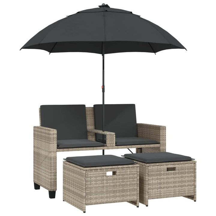 Gartensofa 2-Sitzer Sonnenschirm und Hocker Hellgrau Polyrattan