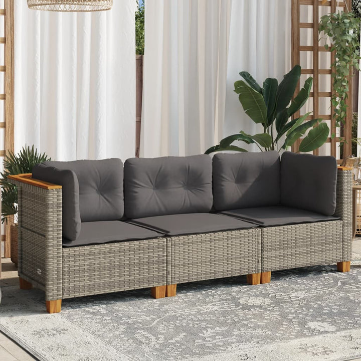 Gartensofa mit Kissen 3-Sitzer Grau Poly Rattan