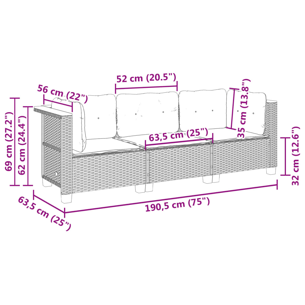 Gartensofa mit Kissen 3-Sitzer Grau Poly Rattan