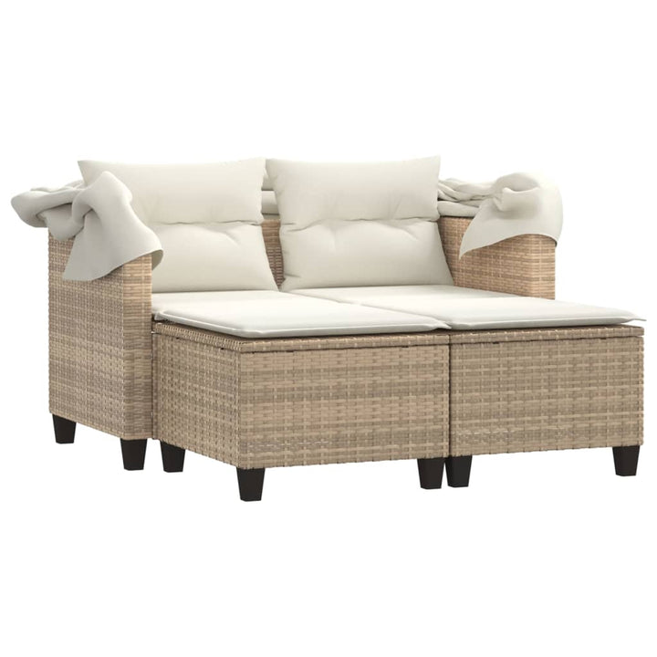 Gartensofa 2-Sitzer mit Dach und Hockern Beige Poly Rattan