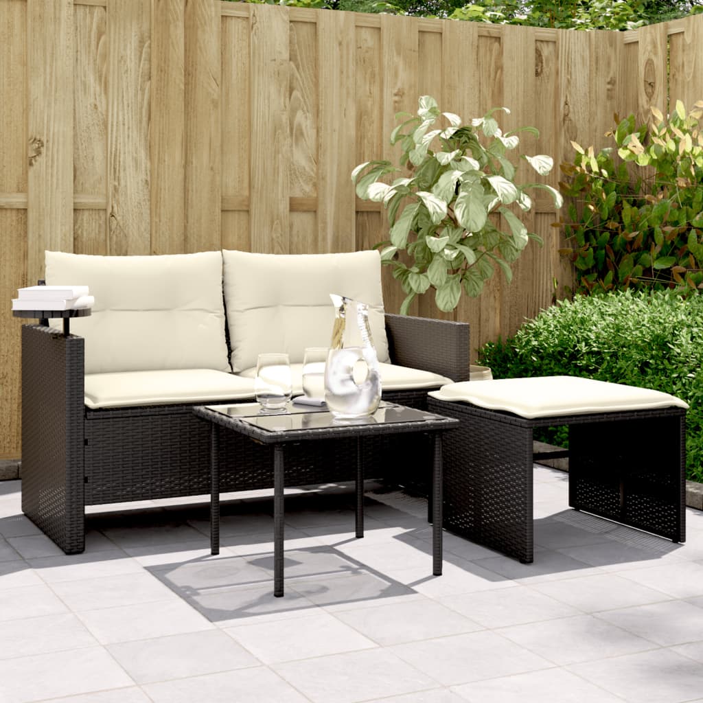 3-tlg. Garten-Sofagarnitur mit Kissen Schwarz Poly Rattan