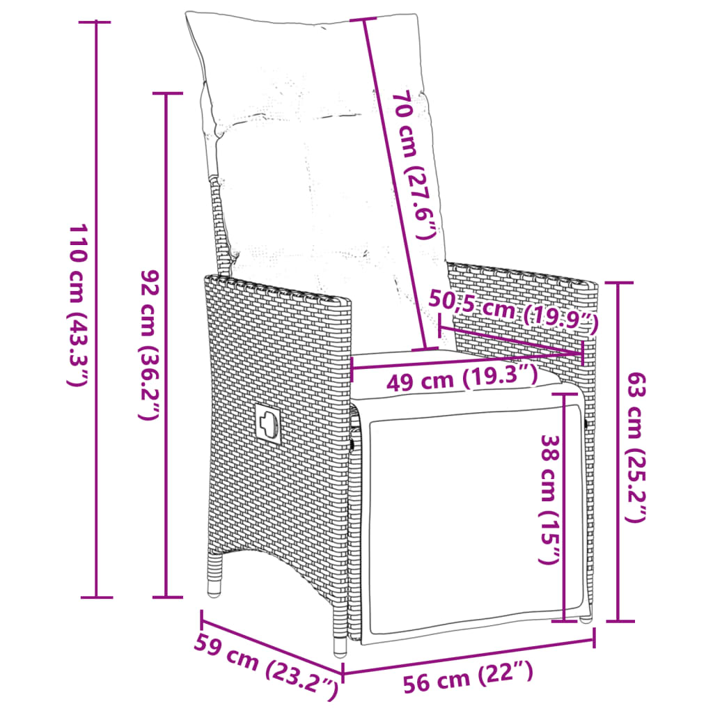 Sillón de jardín ajustable con cojín de poliratán marrón