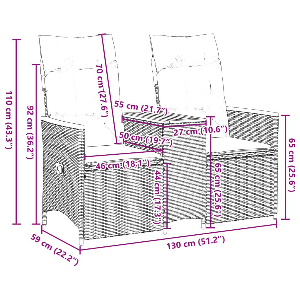 Sofá de jardín 2 plazas regulable con mesa de polirratán negro