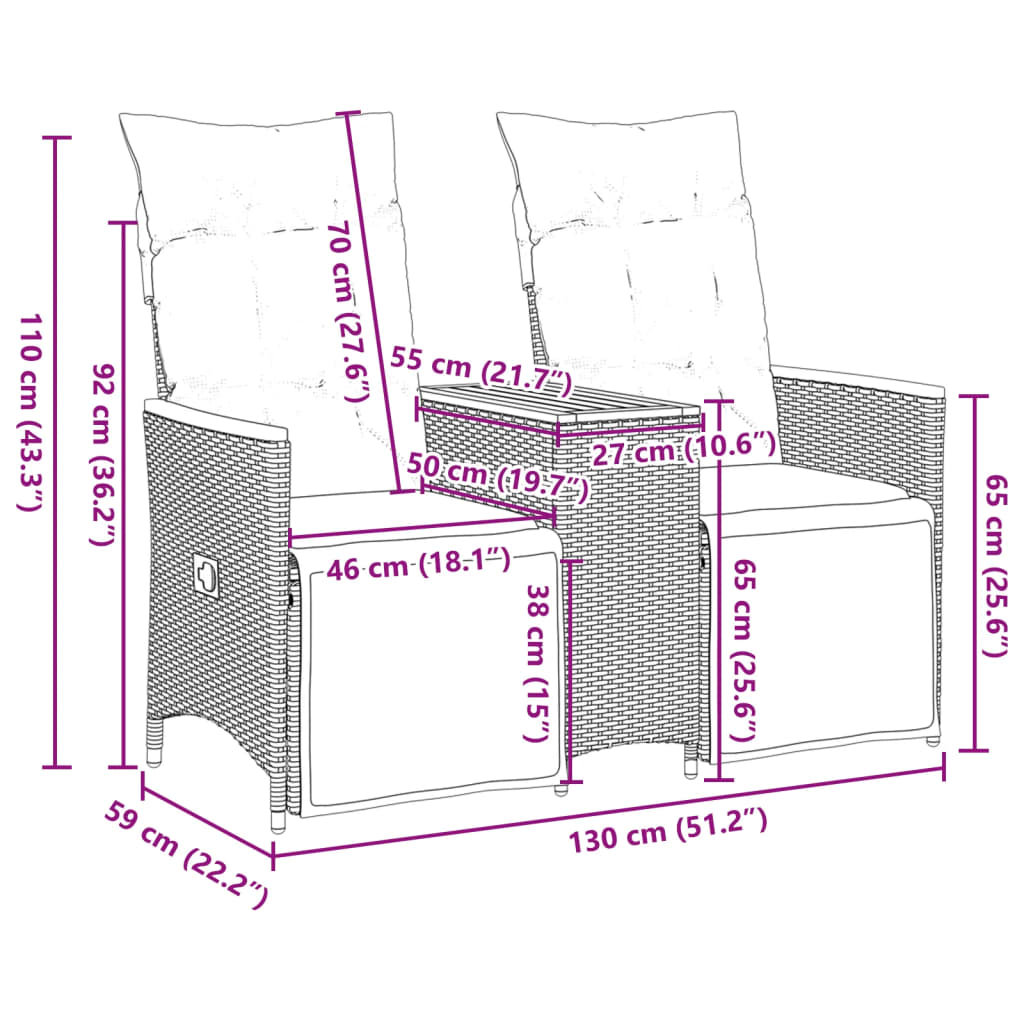 Sofá de jardín 2 plazas regulable con mesa de polirratán negro