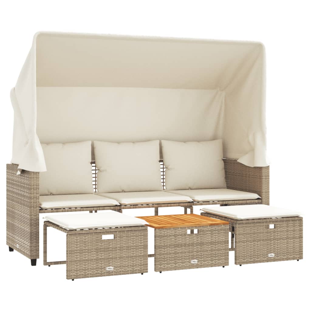 Outdoor-Sofa 3-Sitzer mit Dach und Hockern Beige Poly Rattan