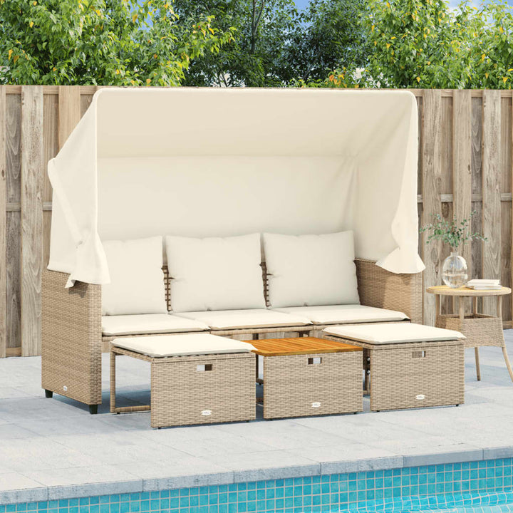 Outdoor-Sofa 3-Sitzer mit Dach und Hockern Beige Poly Rattan