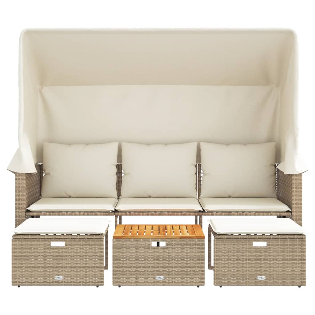 Outdoor-Sofa 3-Sitzer mit Dach und Hockern Beige Poly Rattan