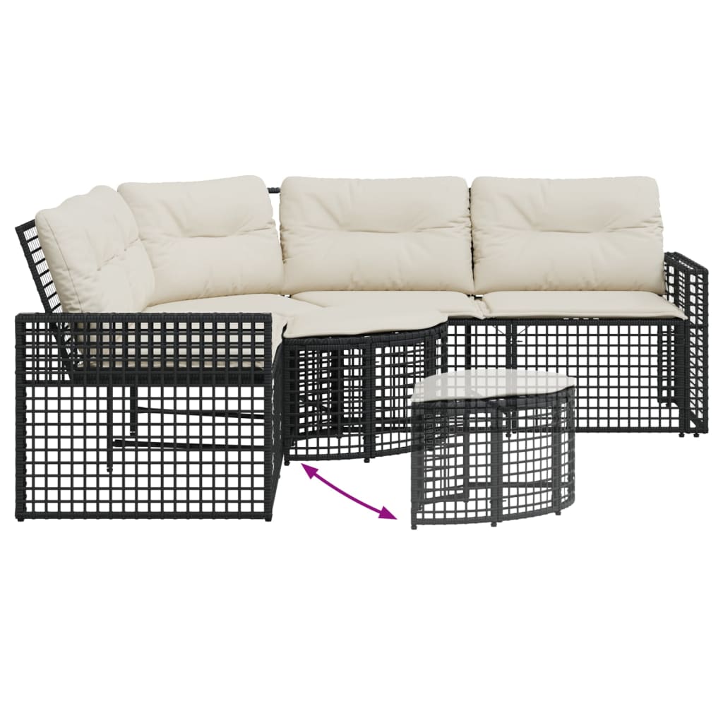 Gartensofa in L-Form mit Kissen und Fußbank Schwarz Poly Rattan