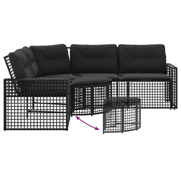 Gartensofa in L-Form mit Kissen und Fußbank Schwarz Poly Rattan