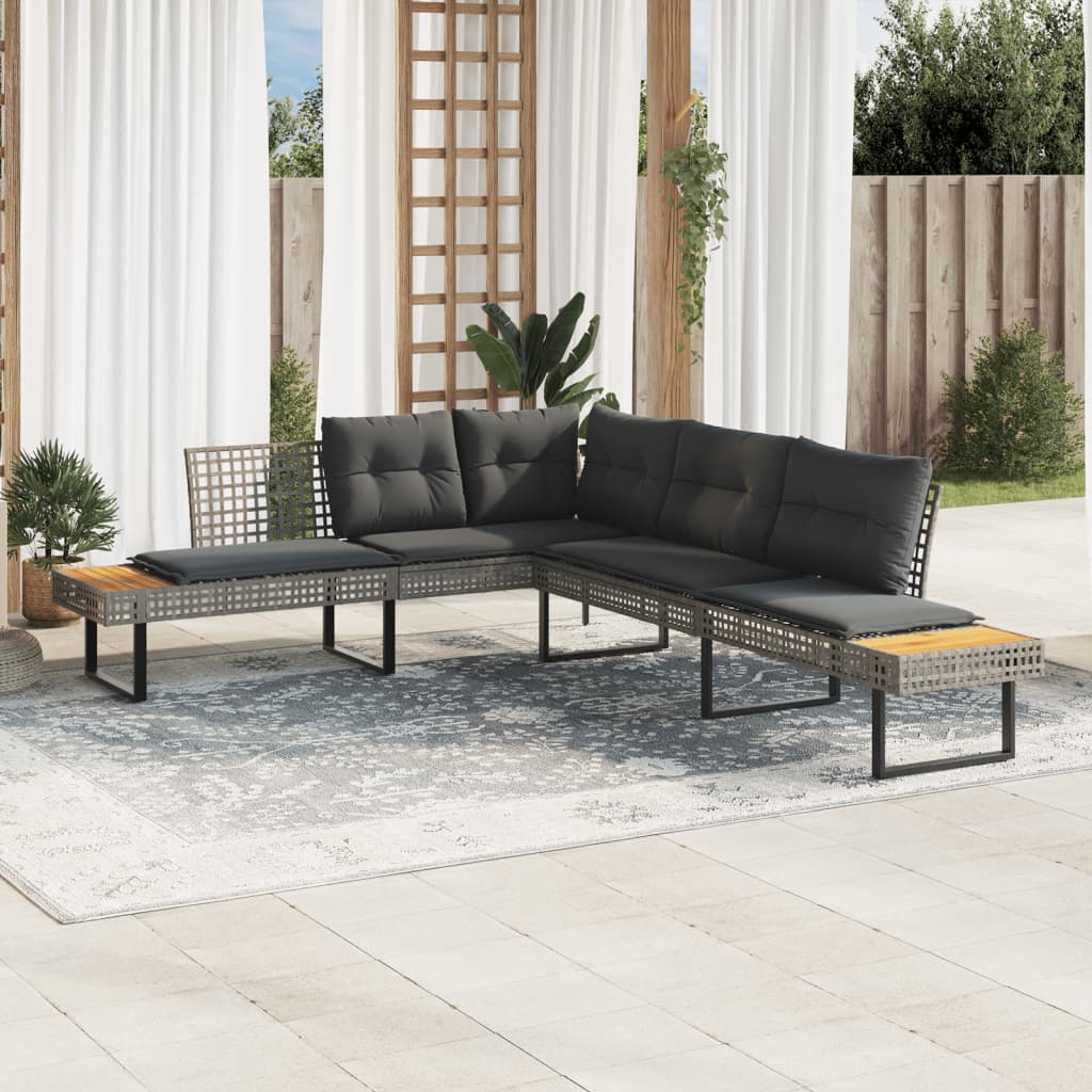 Gartensofa in L-Form mit Kissen Grau Poly Rattan und Akazie