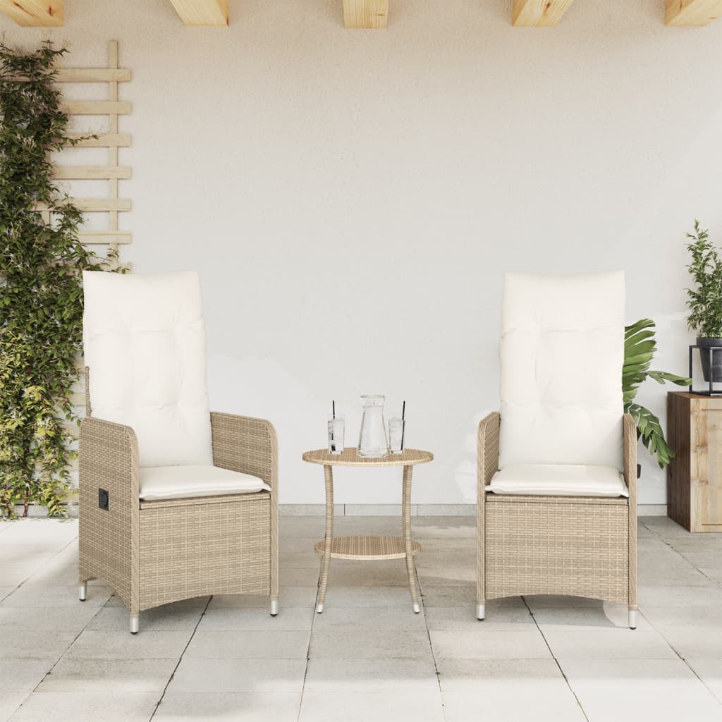 Gartensessel 2 Stk. Verstellbar mit Tisch Beige Poly Rattan