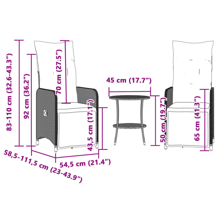 Sillones exterior 2 piezas con mesa poli rattan negro