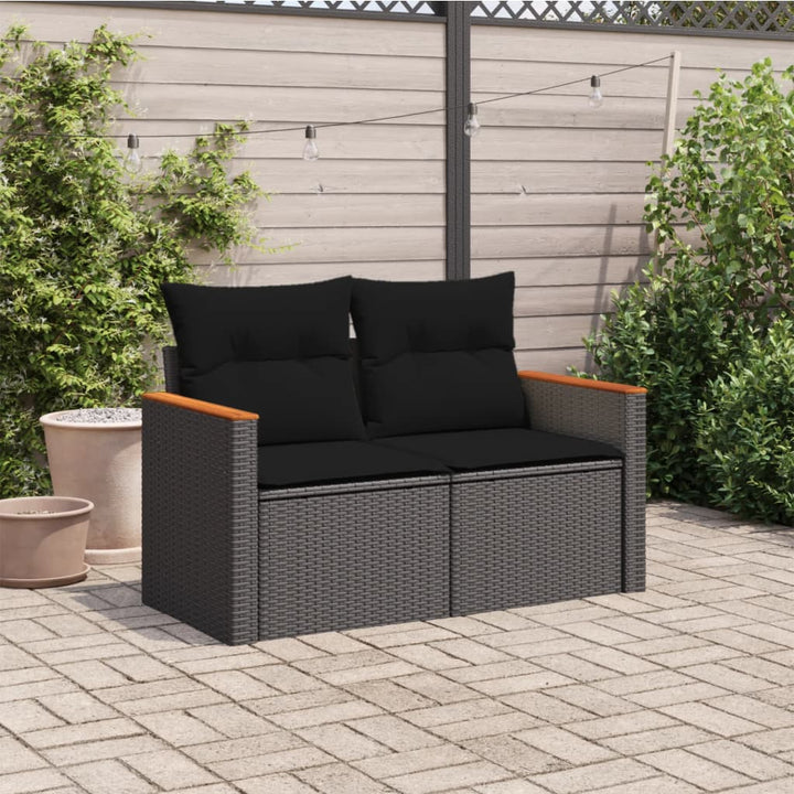 Gartensofa mit Kissen 2-Sitzer Schwarz Poly Rattan