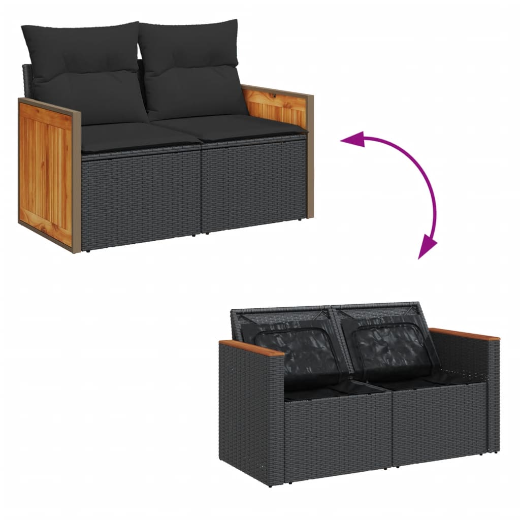 Gartensofa mit Kissen 2-Sitzer Schwarz Poly Rattan