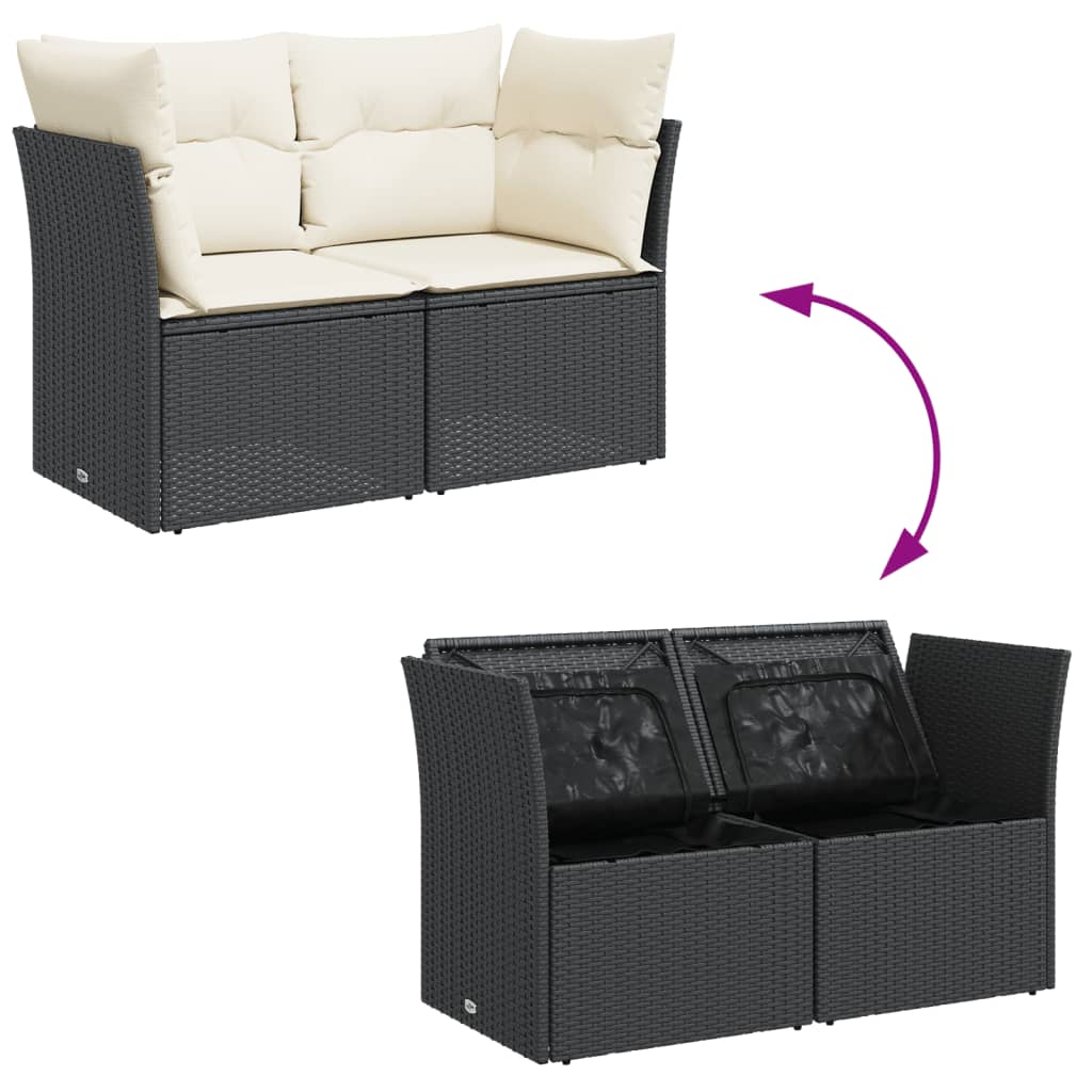 Gartensofa mit Kissen 2-Sitzer Schwarz Poly Rattan