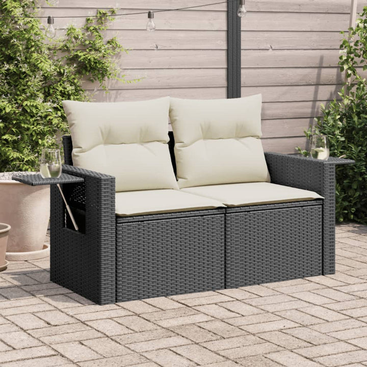 Gartensofa mit Kissen 2-Sitzer Schwarz Poly Rattan