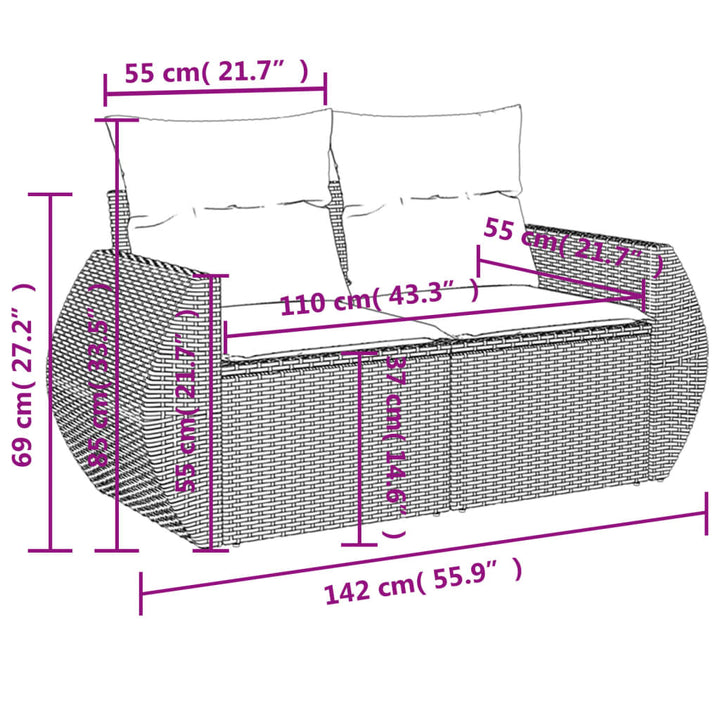 Gartensofa mit Kissen 2-Sitzer Schwarz Poly Rattan