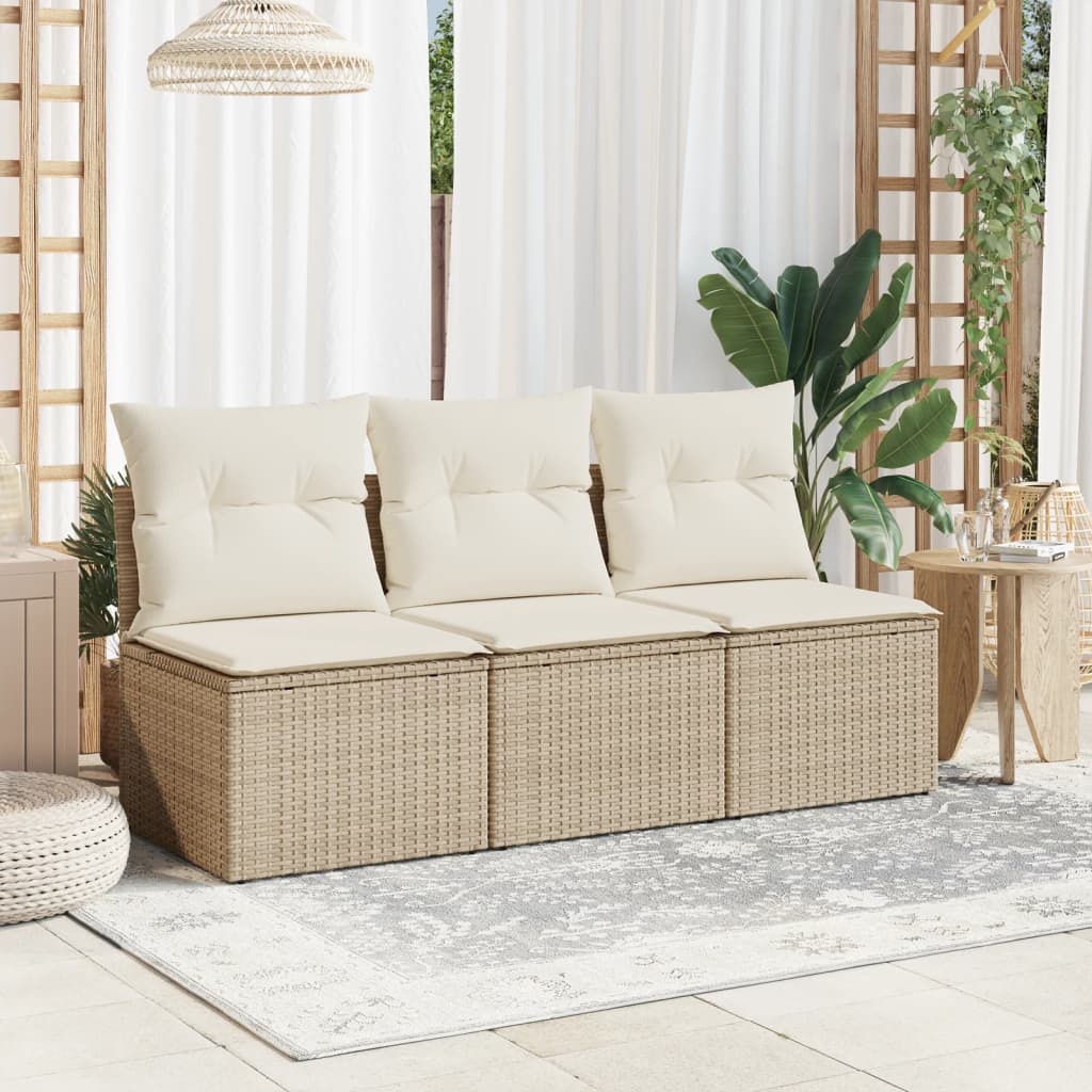 Gartensofa mit Kissen 3-Sitzer Beige Poly Rattan