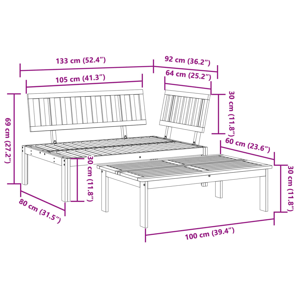 2 uds. Conjunto de sofás de jardín fabricados con palets de madera maciza de acacia.