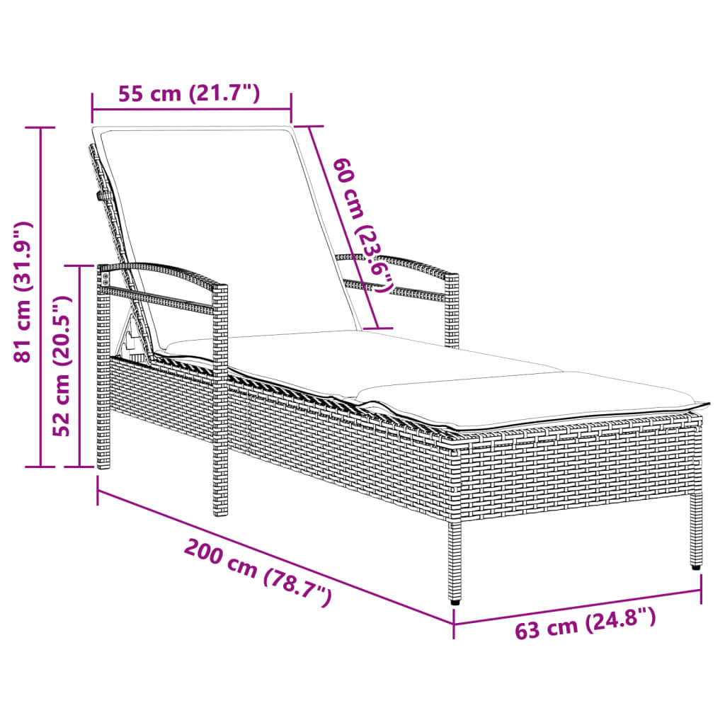 Sonnenliege mit Auflage Grau 63x200x81 cm Poly Rattan