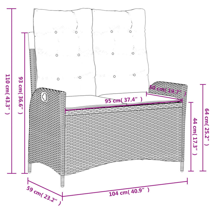 Gartenbank Verstellbar mit Kissen Grau Poly Rattan