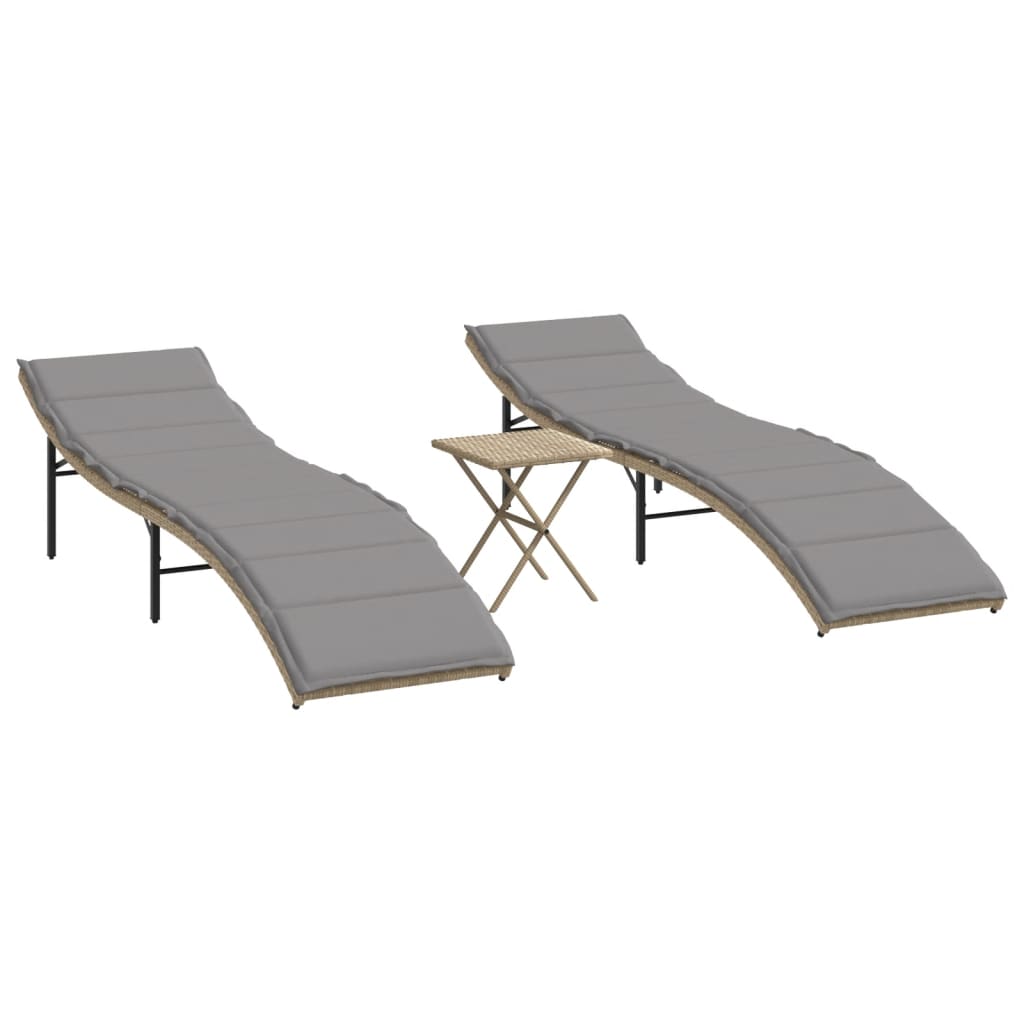 Sonnenliegen 2 Stk. mit Tisch Beige Poly Rattan