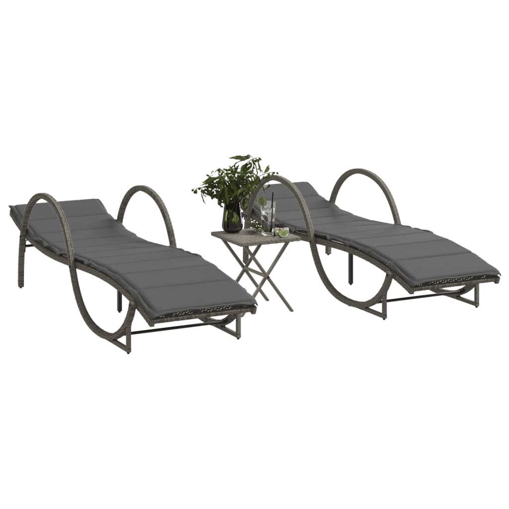 Sonnenliegen 2 Stk. mit Tisch Grau Poly Rattan