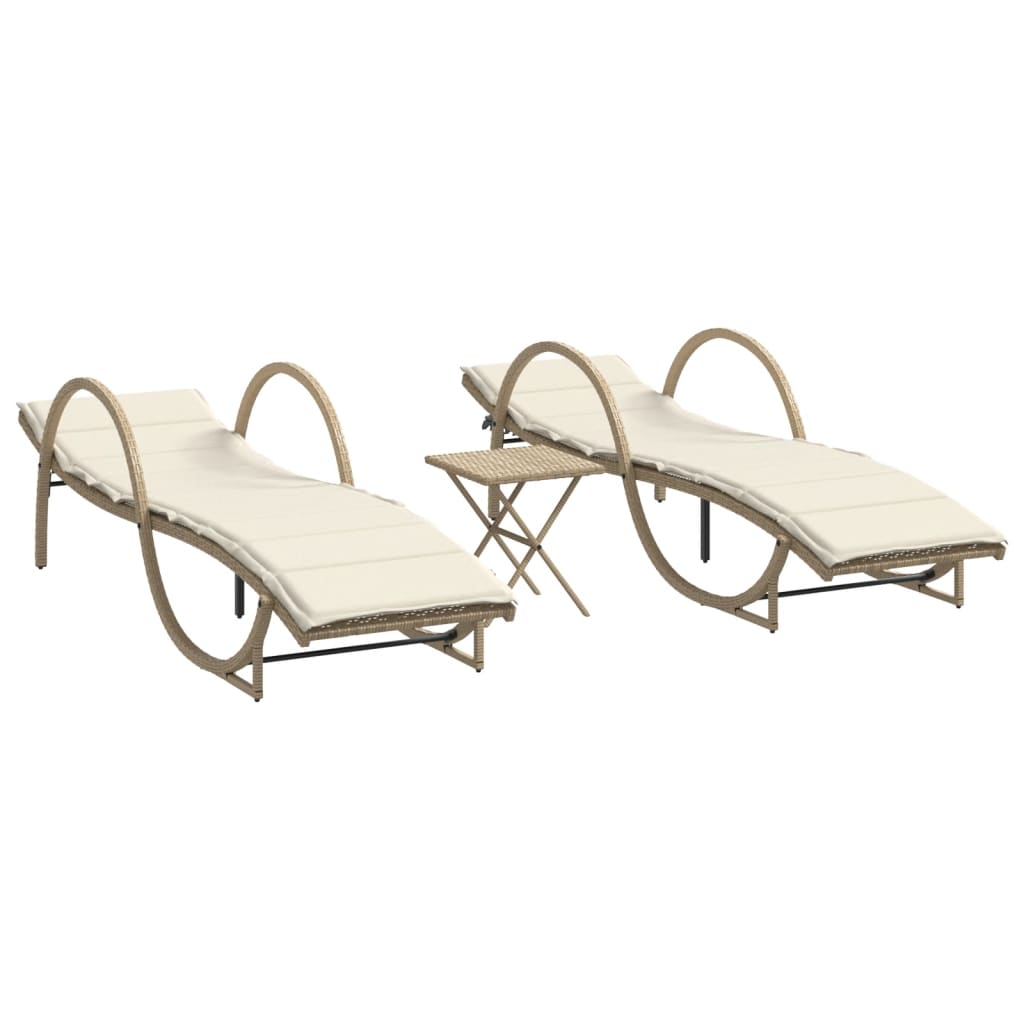 Sonnenliegen 2 Stk. mit Tisch Beige Poly Rattan