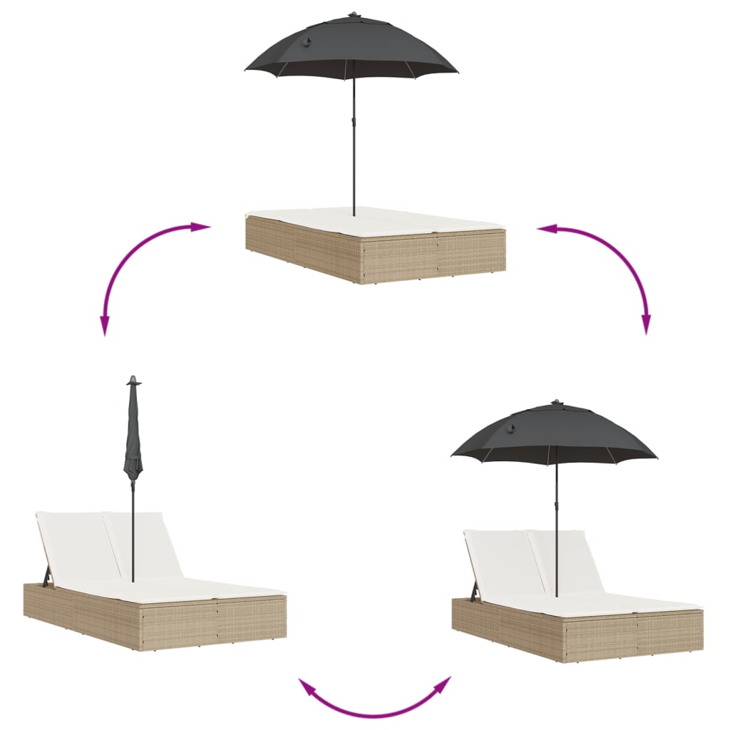 Tumbona doble con cojines y sombrilla de polirratán beige