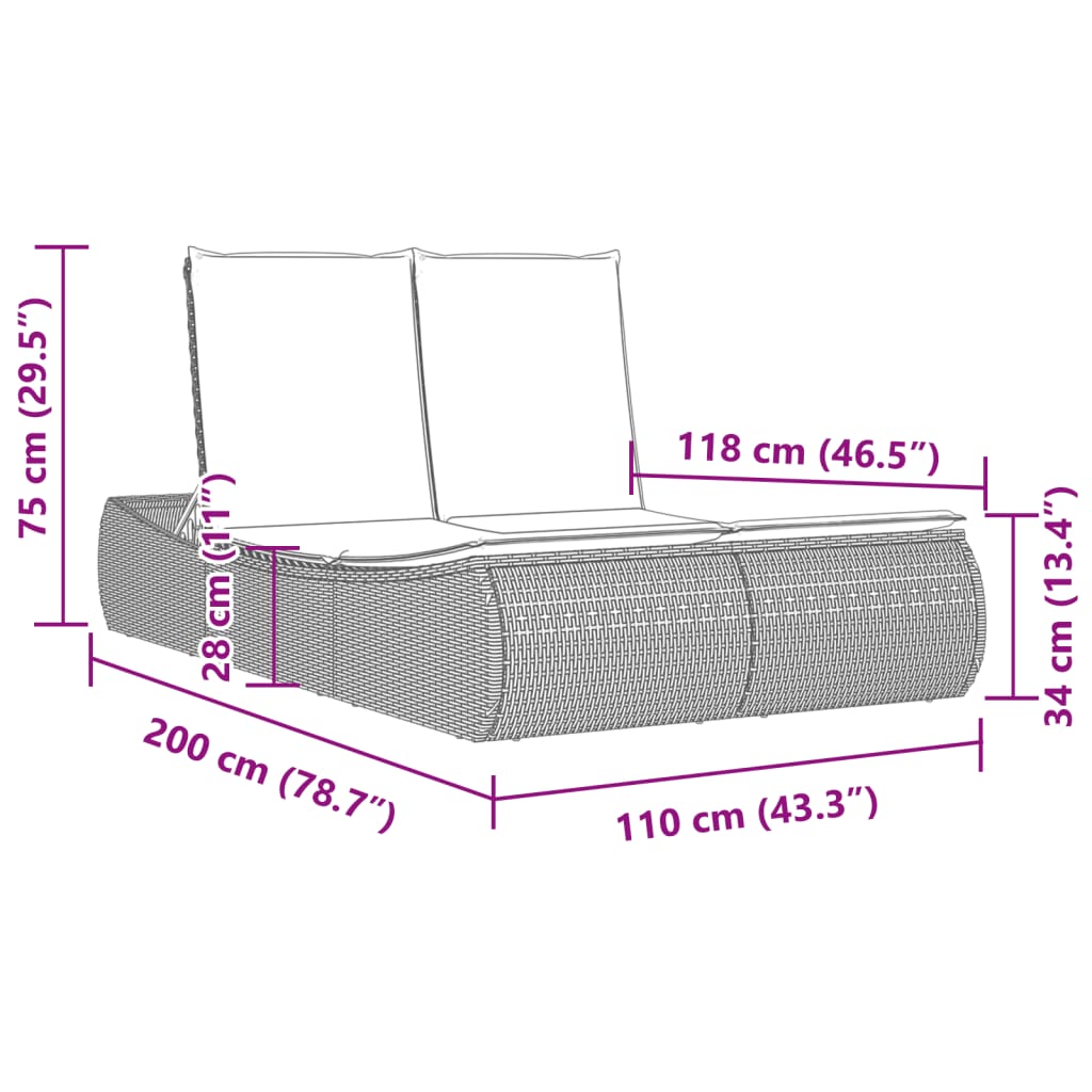 Doppel-Sonnenliege mit Kissen Schwarz Poly Rattan