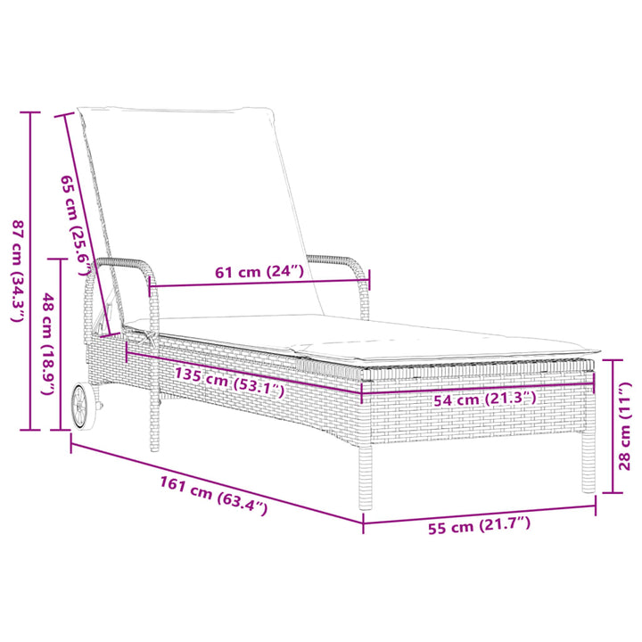 Sonnenliege mit Rollen und Auflage Grau Poly Rattan