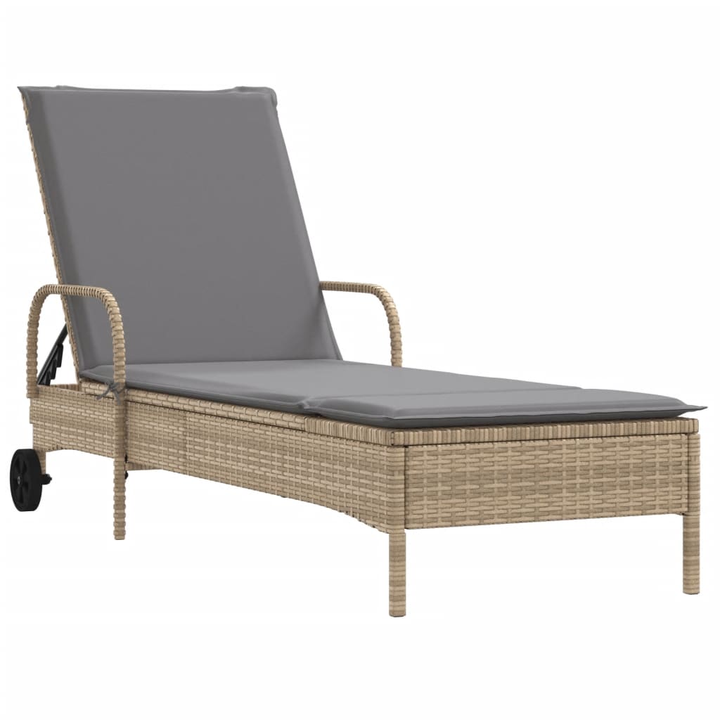 Sonnenliege mit Rollen und Auflage Beige Poly Rattan