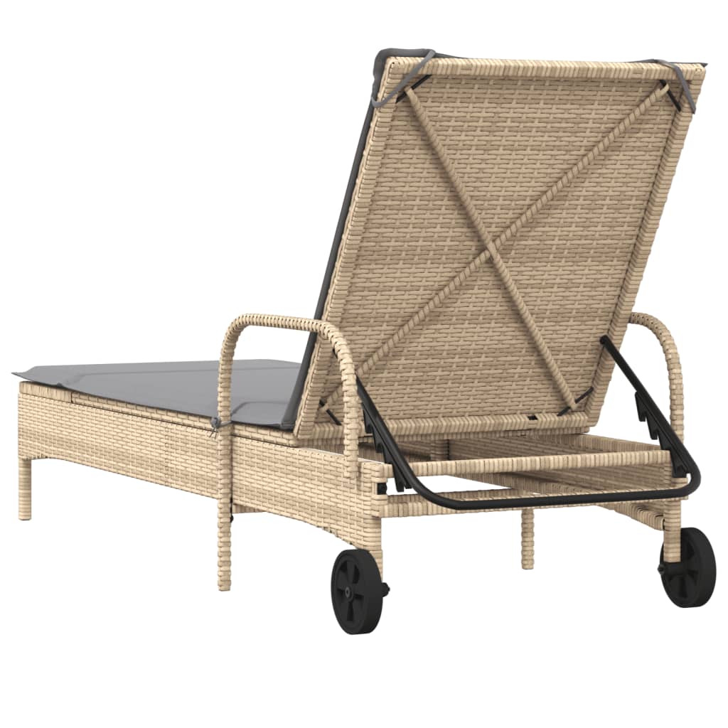 Sonnenliege mit Rollen und Auflage Beige Poly Rattan