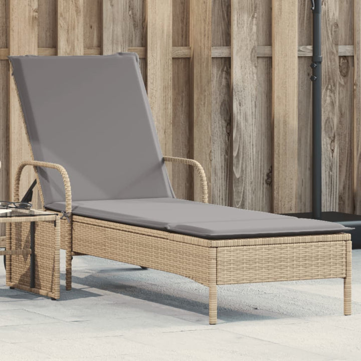 Sonnenliege mit Rollen und Auflage Beige Poly Rattan