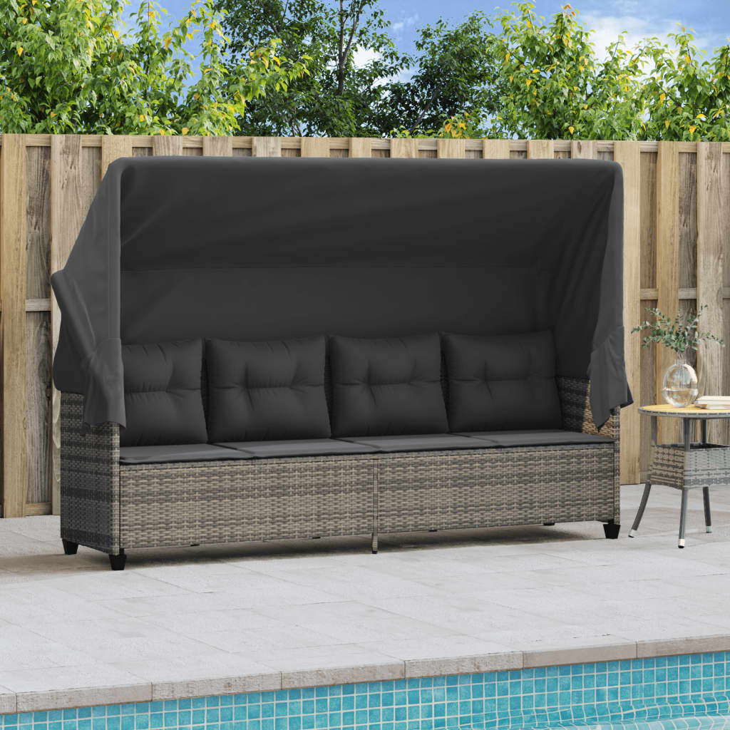 Sonnenliege mit Dach und Kissen Grau Poly Rattan